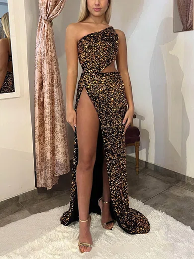 Sheath/Column One Shoulder Sequined Sweep Train Prom Dresses With Split Front #Favs020115744
