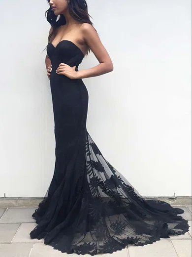 Trumpet/Mermaid Sweetheart Lace Sweep Train Appliques Lace Prom Dresses #Favs020103497