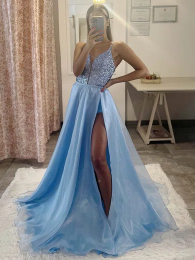 A-line V-neck Organza Sequined Detachable Prom Dresses With Split Front #Favs020115749