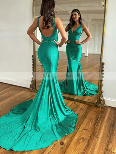 Trumpet/Mermaid V-neck Silk-like Satin Sweep Train Prom Dresses With Beading #Favs020115754