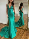 Trumpet/Mermaid V-neck Silk-like Satin Sweep Train Prom Dresses With Beading #Favs020115754