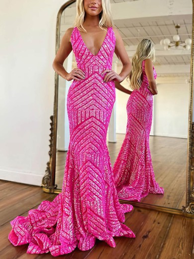 Trumpet/Mermaid V-neck Sequined Sweep Train Prom Dresses #Favs020115757