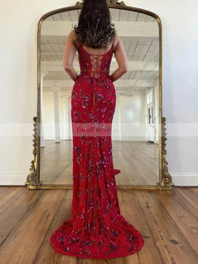 Sheath/Column V-neck Sequined Sweep Train Prom Dresses With Split Front #Favs020115764