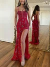 Sheath/Column V-neck Sequined Sweep Train Prom Dresses With Split Front #Favs020115764