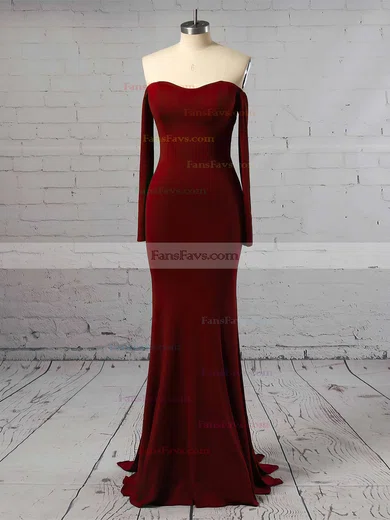 Sheath/Column Off-the-shoulder Jersey Sweep Train Prom Dresses #Favs020105596