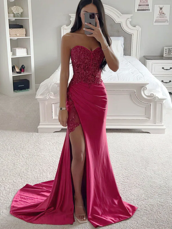 Sheath/Column Sweetheart Sequined Silk-like Satin Sweep Train Prom Dresses With Split Front #Favs020115799