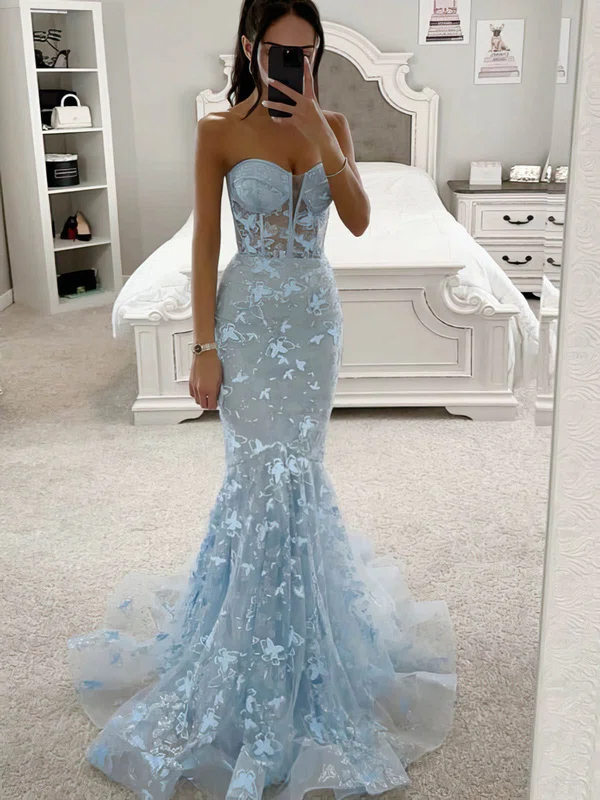 Trumpet/Mermaid Sweetheart Tulle Sweep Train Prom Dresses With Appliques Lace #Favs020115811