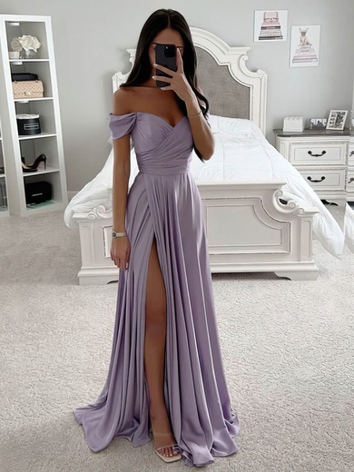 A-line Off-the-shoulder Silk-like Satin Sweep Train Prom Dresses With Split Front #Favs020115812