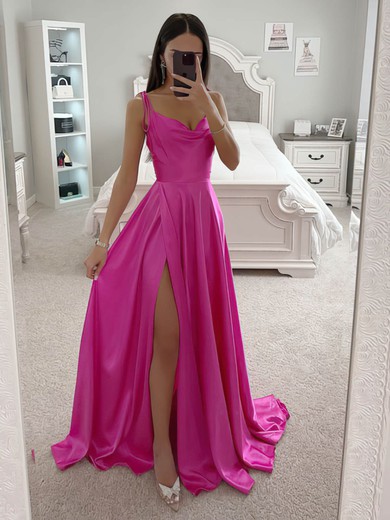 A-line Cowl Neck Silk-like Satin Sweep Train Prom Dresses With Split Front #Favs020115825