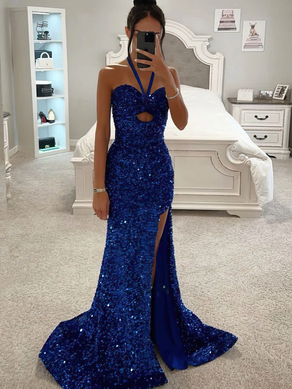 Sheath/Column Halter Sequined Sweep Train Prom Dresses With Split Front #Favs020115826