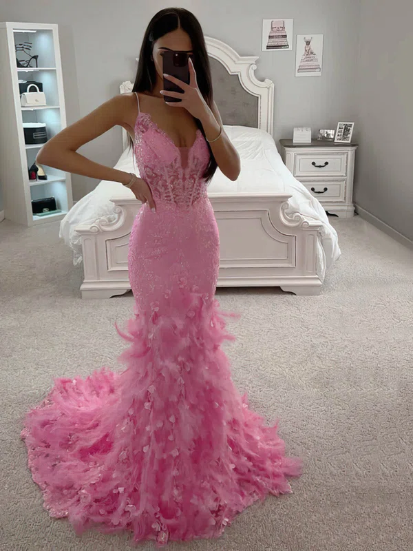 Trumpet/Mermaid V-neck Glitter Sweep Train Prom Dresses With Feathers / Fur #Favs020115833