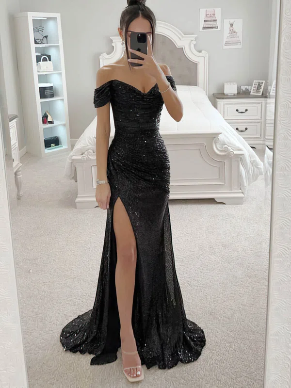 Sheath/Column Off-the-shoulder Sequined Sweep Train Prom Dresses With Split Front #Favs020115840