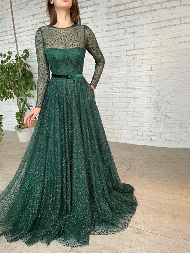 A-line Scoop Neck Glitter Sweep Train Prom Dresses With Sashes / Ribbons #Favs020115843