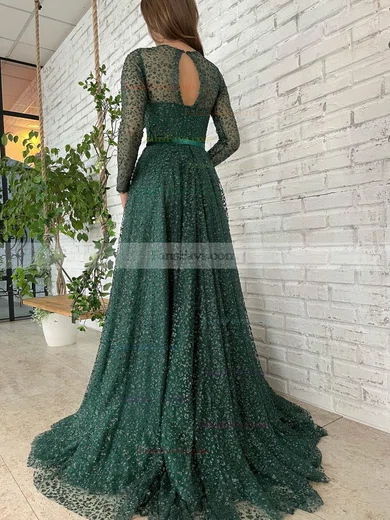 A-line Scoop Neck Glitter Sweep Train Prom Dresses With Sashes / Ribbons #Favs020115843