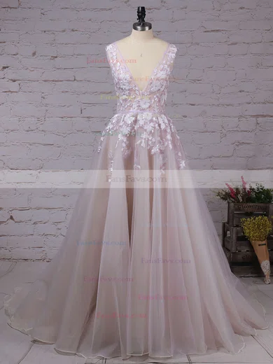 Princess V-neck Tulle Court Train Appliques Lace Prom Dresses #Favs020103499