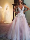 Princess V-neck Tulle Court Train Appliques Lace Prom Dresses #Favs020103499
