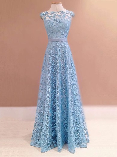 A-line Scalloped Neck Lace Floor-length Sashes / Ribbons Prom Dresses #Favs020103586