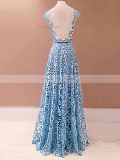 A-line Scalloped Neck Lace Floor-length Sashes / Ribbons Prom Dresses #Favs020103586