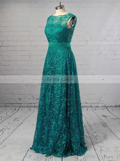 A-line Scalloped Neck Lace Floor-length Sashes / Ribbons Prom Dresses #Favs020103586