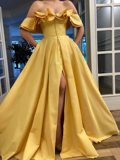 Ball Gown Off-the-shoulder Satin Sweep Train Prom Dresses With Cascading Ruffles #Favs020115856