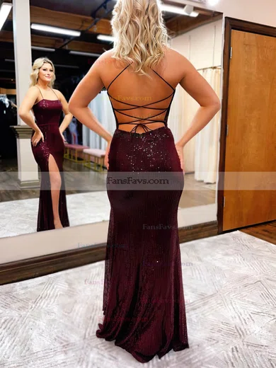 Sheath/Column Square Neckline Sequined Floor-length Prom Dresses With Split Front #Favs020115873