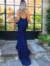 Trumpet/Mermaid V-neck Lace Sweep Train Lace Prom Dresses #Favs020104811