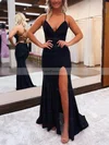 Sheath/Column V-neck Shimmer Crepe Sweep Train Prom Dresses With Split Front #Favs020115876