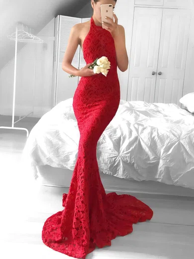 Trumpet/Mermaid Halter Lace Sweep Train Prom Dresses #Favs020104818