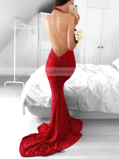 Trumpet/Mermaid Halter Lace Sweep Train Prom Dresses #Favs020104818