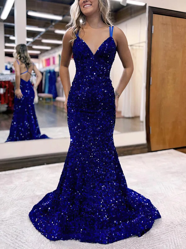Trumpet/Mermaid V-neck Sequined Sweep Train Prom Dresses #Favs020115897