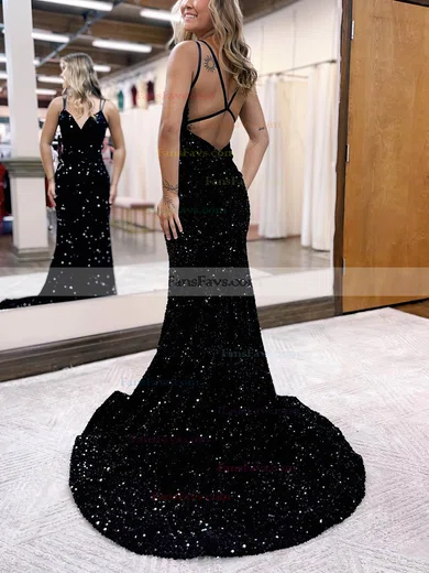 Trumpet/Mermaid V-neck Sequined Sweep Train Prom Dresses #Favs020115897