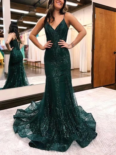 Trumpet/Mermaid V-neck Tulle Glitter Sweep Train Prom Dresses #Favs020115898