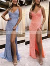 Sheath/Column V-neck Sequined Sweep Train Prom Dresses With Split Front #Favs020115900