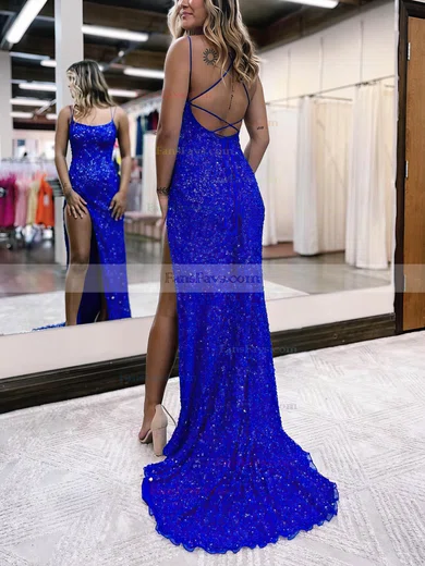 Sheath/Column Scoop Neck Sequined Sweep Train Prom Dresses With Split Front #Favs020115903