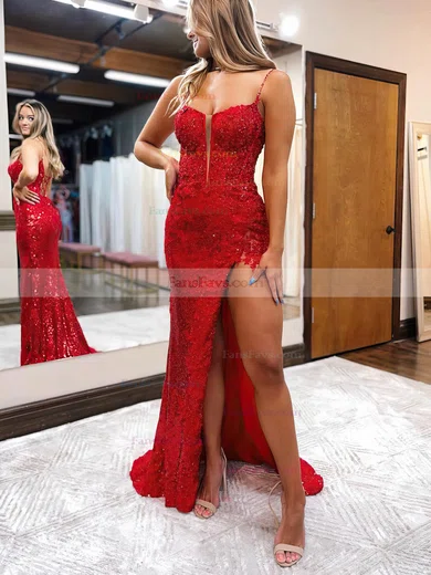 Sheath/Column V-neck Sequined Sweep Train Prom Dresses With Appliques Lace #Favs020115904