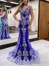 Trumpet/Mermaid V-neck Tulle Sweep Train Prom Dresses With Appliques Lace #Favs020115906