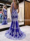 Trumpet/Mermaid V-neck Tulle Sweep Train Prom Dresses With Appliques Lace #Favs020115906