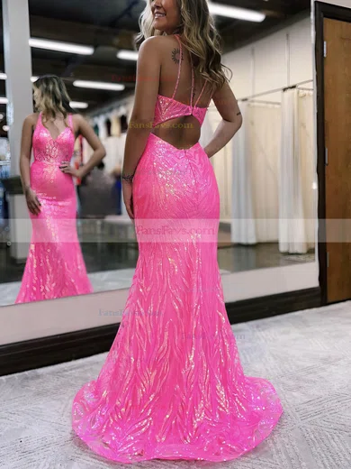 Trumpet/Mermaid V-neck Sequined Sweep Train Prom Dresses #Favs020115907