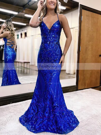 Trumpet/Mermaid V-neck Sequined Sweep Train Prom Dresses #Favs020115908