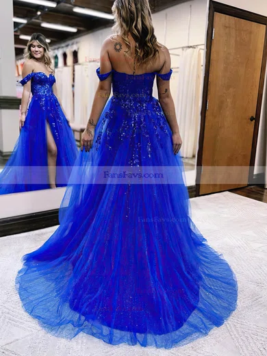 A-line Off-the-shoulder Tulle Glitter Sweep Train Prom Dresses With Appliques Lace #Favs020115910