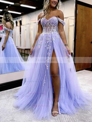 A-line Off-the-shoulder Tulle Glitter Sweep Train Prom Dresses With Appliques Lace #Favs020115910