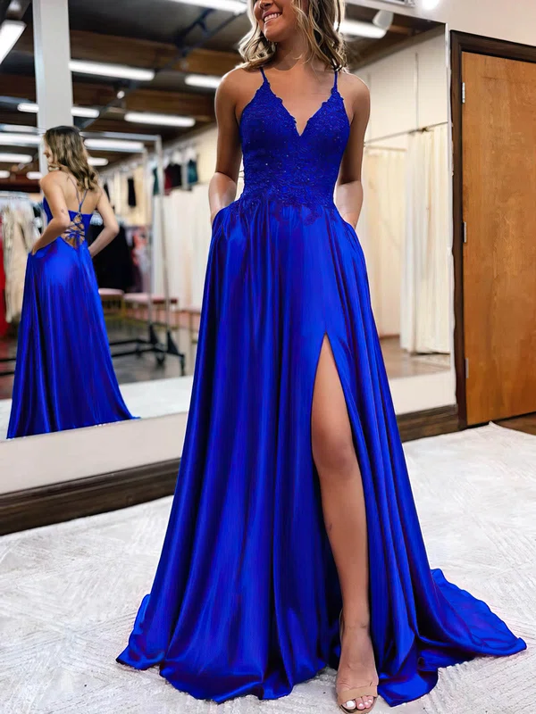 A-line V-neck Silk-like Satin Sweep Train Prom Dresses With Appliques Lace #Favs020115912