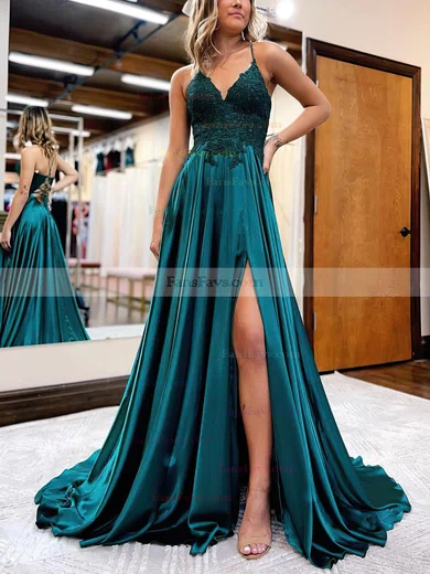 A-line V-neck Silk-like Satin Sweep Train Prom Dresses With Appliques Lace #Favs020115912