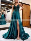 A-line V-neck Silk-like Satin Sweep Train Prom Dresses With Appliques Lace #Favs020115912