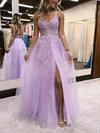 Princess V-neck Tulle Glitter Floor-length Prom Dresses With Appliques Lace #Favs020115913