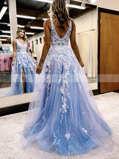 A-line V-neck Glitter Sweep Train Prom Dresses With Appliques Lace #Favs020115919