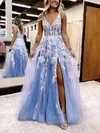 A-line V-neck Glitter Sweep Train Prom Dresses With Appliques Lace #Favs020115919