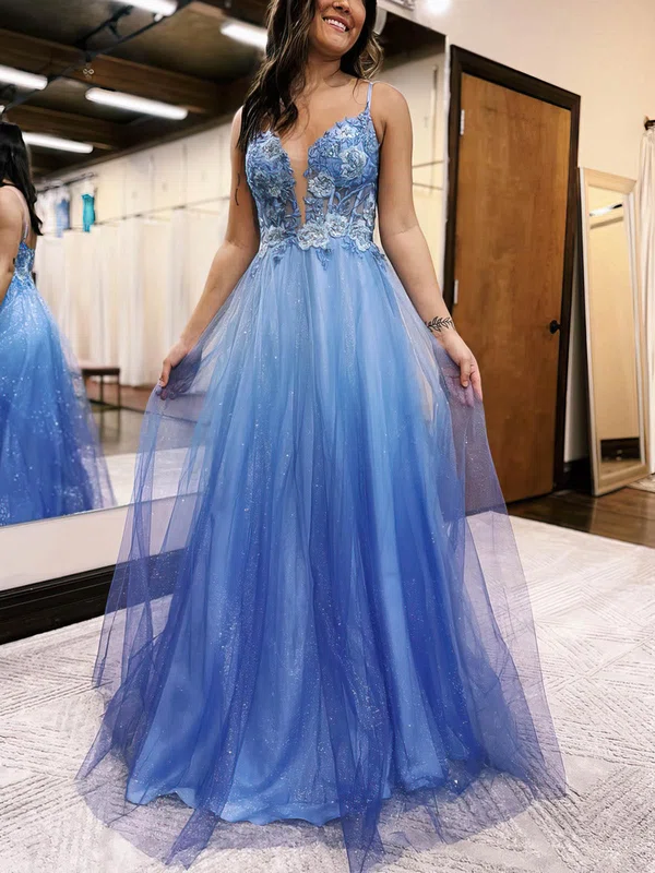A-line V-neck Glitter Floor-length Prom Dresses With Appliques Lace #Favs020115921