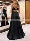 A-line V-neck Sequined Silk-like Satin Sweep Train Prom Dresses With Split Front #Favs020115922