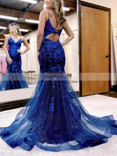Trumpet/Mermaid V-neck Tulle Glitter Sweep Train Prom Dresses With Appliques Lace #Favs020115924